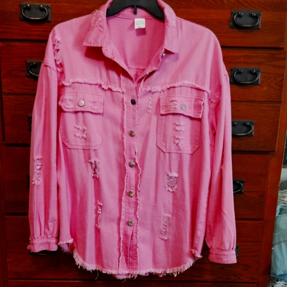 Pink Distressed Button-Up Shirt Shacket - Picture 2 of 5